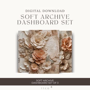 Könnte beinhalten: Digitaler Download eines Soft Archive Dashboard Sets mit 3 Teilen. Das Bild zeigt drei Tafeln mit floralen Designs in Creme- und Pfirsichtönen. Die Tafeln haben eine Vintage-Ästhetik mit Schrift- und Briefmarkendetails.