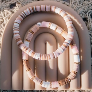 Blush Clay Bead Bracelet Stack | Neutral Polymer Clay Beaded Bracelets | Boho Bracelet Set | Handmade Minimalist Jewelry | Kid Designers