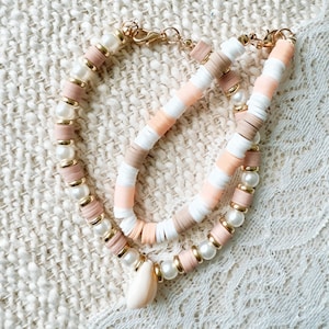 Peachy Pink Heishi & Pearl Beaded Bracelet Set | Clay Bead Wristband | Gold Accent Dainty Jewelry | Stackable | Kid Entrepreneur