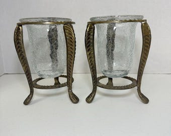 Vintage Set Of Brass Claw Foot Candle Holders With Crackle Glass Ornate Art Nouveau