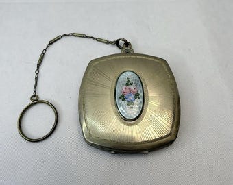 Antique Art Deco Guilloche Enamel Rose Powder Compact Finger Ring Art Deco