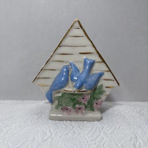 Vintage Pottery Bird House Wall Pocket Planter Blue Birds Gold Gilt Flowers