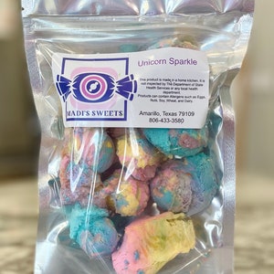 May include: A bag of colorful unicorn sparkle candy. The candy is made in a home kitchen and is not inspected by the Department of State Health Services or any local health department. Products can contain allergens such as eggs, nuts, soy, wheat, and dairy. Amarillo, Texas 79109, 806-433-3580.