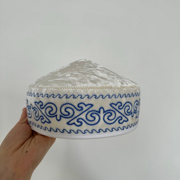 Authentic Modern Nomadic Kazakh Kyrgyz Velvet Headwear, Central Asian oriented embroiderd skullcap