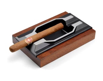 Large Metal Cigar Ashtray - Black Rectangle Design Ashtray for Cigarettes and Tobacco Lovers - Wooden Ashtray for Groomsmen Gifts