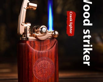Blue Flame Cigar Lighter with Wooden Shell - Keychain Style Compact Table Lighter Gift for Men - Refillable Pocket Lighter for Groomsmen