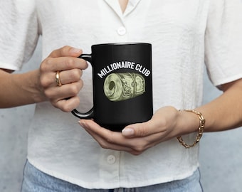 Zwarte keramische mok Millionaire Club - grappig cadeau voor koffieliefhebbers
