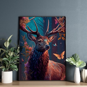 Floral Deer with Large Head and Horns, Ai Generated Art, Deer Wall Art, Animal Painting, Stag, Abstract Deer Poster, DJungle Wildlife Print