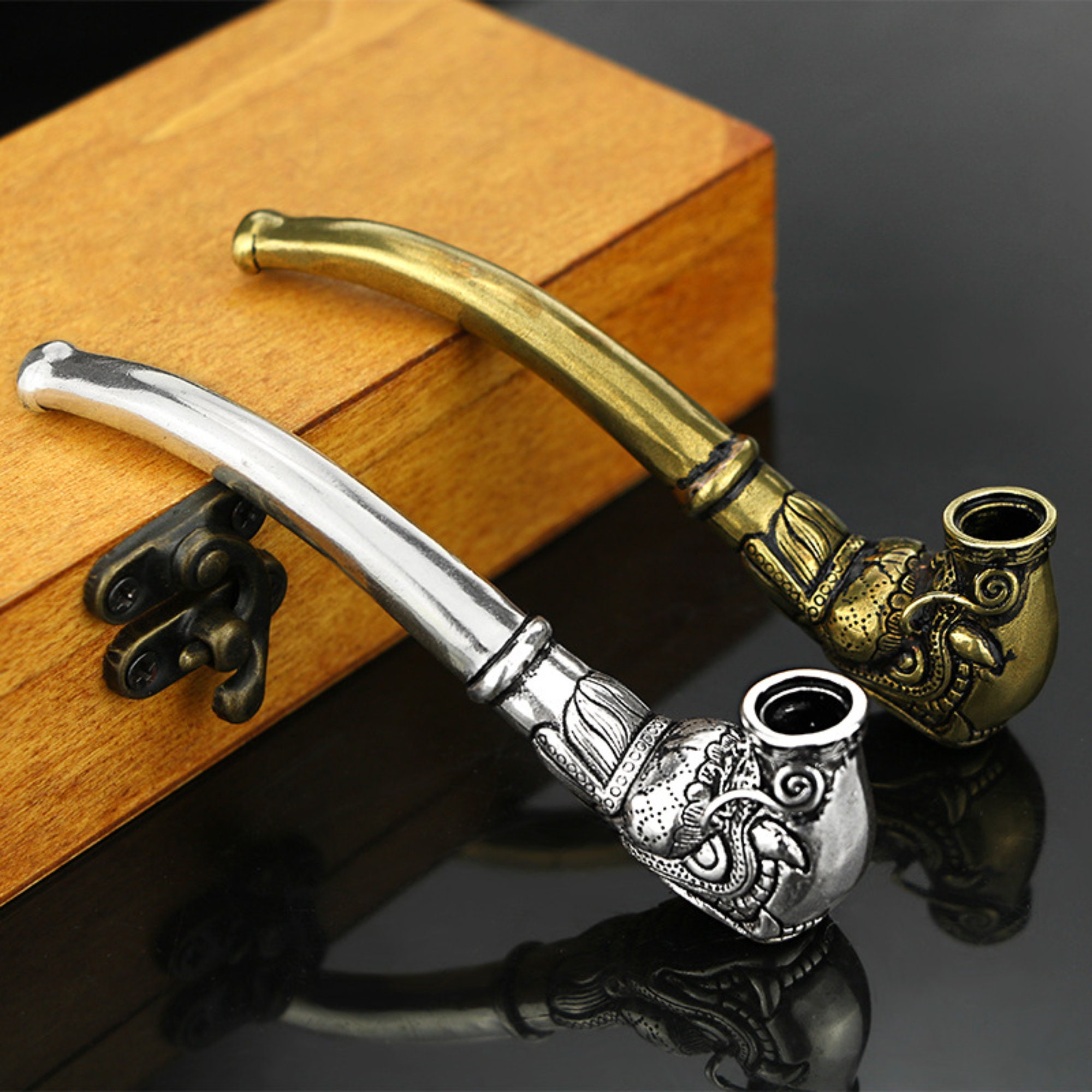 Handcrafted Metal Flower Smoking Pipe, Curved Copper Brass Tobacco Pipe