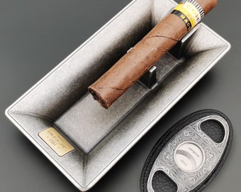 Vintage Cigar Ashtray Gift Set, Metal Ashtray, Cutter, Lighter