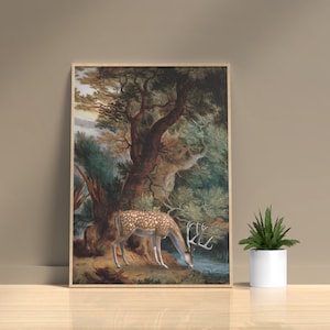 Deer in Forest Printable Wall Art, Abstract Deer Poster, Stag Wall Art, Deer Drinking Water Art, Jungle Wildlife Print, Digital Illustration