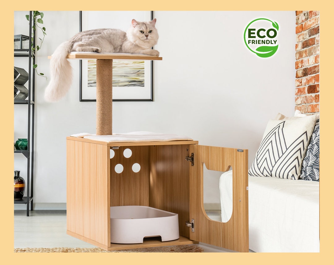 Handmade Cat Tower Litter Box Enclosure Modern Cat Tree Etsy