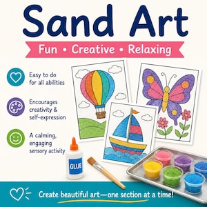 May include: A sand art kit featuring three completed pictures of a hot air balloon, a butterfly, and a sailboat. The set includes a white glue bottle, a wooden paintbrush, and a metal tray containing six small cups of coloured sand.
