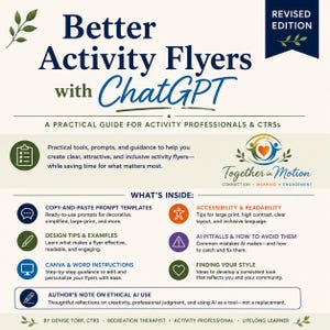 Könnte beinhalten: Ein Leitfaden mit dem Titel Better Activity Flyers with ChatGPT, Revised Edition. Er enthält Abschnitte zu Prompt-Vorlagen, Designtipps, Anleitungen für Canva und Word, Barrierefreiheit, KI-Fallstricken und der Entwicklung eines eigenen Stils.