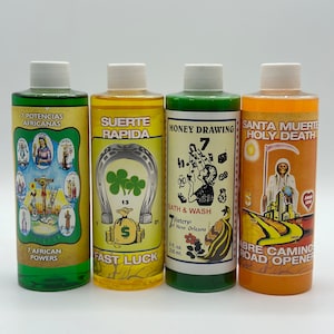 May include: Four glass bottles with green, yellow, and orange labels. The bottles contain various oils for spiritual purposes. The labels feature images and text in Spanish and English. The bottles are labeled "7 Potencias Africanas", "Suerte Rapida", "Money Drawing", and "Santa Muerte Holy Death".