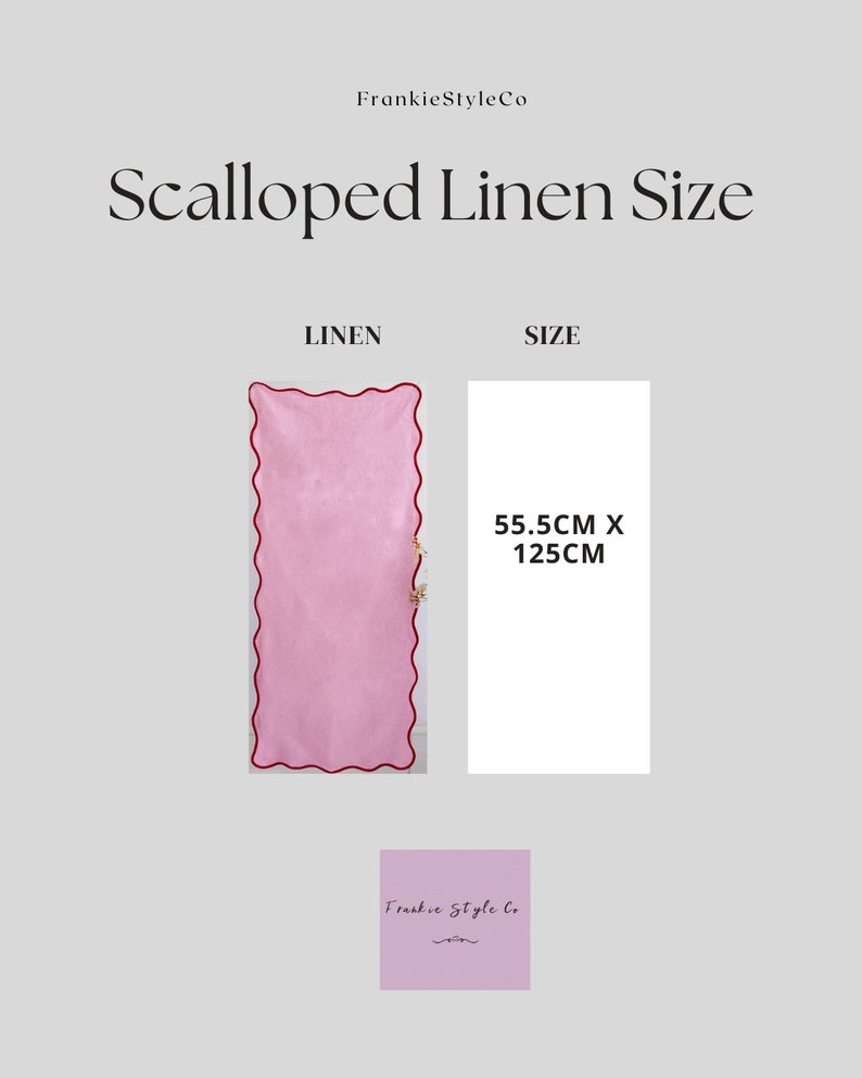 K&ouml;nnte beinhalten: Rosa Leinenstoff mit einem gewellten Rand und einem roten Besatz. Der Stoff misst 55,5 cm mal 125 cm.