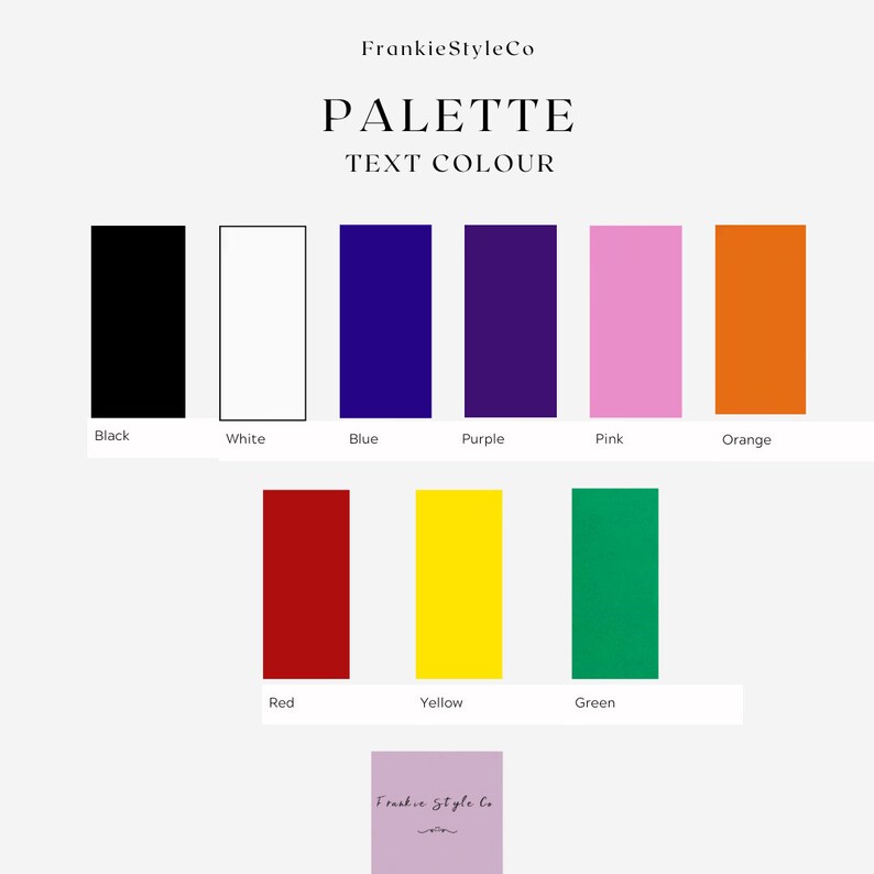 K&ouml;nnte beinhalten: Eine Farbpalette mit dem Text "PALETTE TEXT COLOUR" oben. Die Palette zeigt die folgenden Farben: Schwarz, Wei&szlig;, Blau, Lila, Rosa, Orange, Rot, Gelb und Gr&uuml;n.