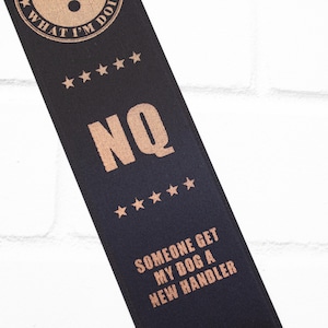 May include: Black and gold dog collar with the text "What I'm Doing" and "NQ" in a circle. The collar also has the text "Someone get my dog a new handler" in a smaller font.