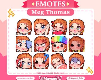 May include: A set of 10 animated emotes featuring a cartoon character with red hair and different expressions. The emotes are in a grid format with a pink background and the text "EMOTES Meg Thomas" at the top.
