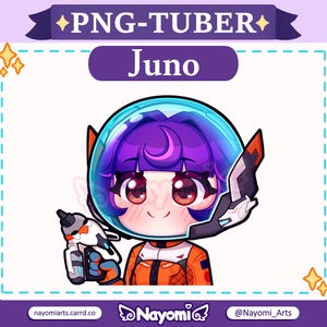 Puede incluir: Una ilustración de dibujos animados de una niña con cabello morado que lleva un casco espacial azul y blanco y un mono naranja. Ella sostiene una herramienta que parece un taladro. La imagen se titula "Juno" y tiene el texto "PNG-TUBER" en la parte superior.