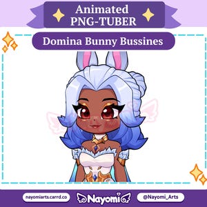 Op de afbeelding: Een geanimeerd PNG-Tuber personage genaamd Domina Bunny Bussines met een donkere huid, lichtblauw haar, konijnenoren en rode ogen. Het personage draagt een wit en goudkleurig kostuum met blauwe accenten, weergegeven in een digitale kunststijl.