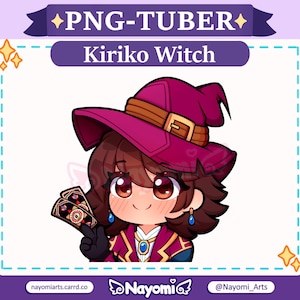 Puede incluir: Una ilustración de dibujos animados de una bruja con cabello castaño que lleva un sombrero rosa y un atuendo rojo y dorado. Ella sostiene una baraja de cartas en su mano izquierda. El texto "Kiriko Witch" está sobre la imagen.