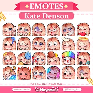 Puede incluir: Un conjunto de 18 emojis animados que presentan un personaje de dibujos animados con diferentes expresiones. Los emojis están en un formato de cuadrícula e incluyen expresiones como feliz, triste, sorprendido y enojado. El texto "EMOTES Kate Denson" está en la parte superior de la imagen.