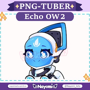 以下が含まれることがあります： ビデオゲーム「オーバーウォッチ2」のキャラクター、エコーの漫画イラスト。エコーは、大きく表現力豊かな目をした青と白のロボットです。イラストは、丸い頭と大きな目を特徴とするちびスタイルです。