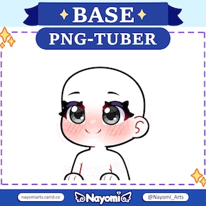 Puede incluir: Una ilustración simple de línea de un personaje de dibujos animados con ojos grandes, rubor y una sonrisa. El personaje es una base para crear un avatar PNGTuber. El texto "BASE PNG-TUBER" está en la parte superior de la imagen.