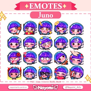 May include: A set of 18 digital emoticons featuring a cartoon character with purple hair and a blue spacesuit. The character has different expressions, including happy, sad, angry, and surprised. The emoticons are in PNG format and are available in three sizes: 112x112, 56x56, and 28x28.