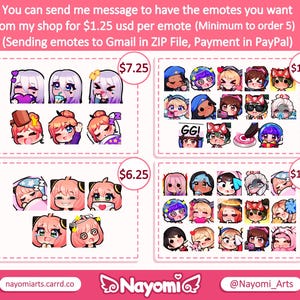 Puede incluir: Una ilustraci&oacute;n digital de varios emojis de dibujos animados, incluyendo un gato, un zorro, un perro y un humano. Los emojis est&aacute;n dispuestos en cuatro grupos, cada uno con un precio indicado debajo. Los precios son 7,25 &euro;, 6,25 &euro;, 15,25 &euro; y 16,25 &euro;. El texto "Nayomi" est&aacute; en la parte inferior de la imagen.