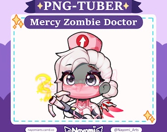 Puede incluir: Una ilustración de dibujos animados de un médico zombie con ropa rosa y blanca, una cruz roja en su sombrero y un bastón en su mano. El fondo es blanco con un borde rosa y el texto "PNG-TUBER" y "Mercy Zombie Doctor".