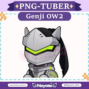 May include: A digital illustration of Genji from Overwatch 2, a video game character. The image features a stylized, cartoon-like depiction of Genji's head and upper body, with a silver and black helmet and neon green accents. The text "PNG-TUBER" and "Genji OW2" are displayed.