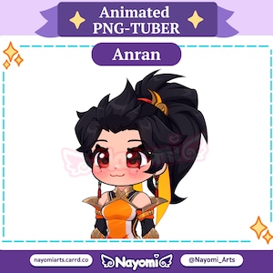 Puede incluir: Gráfico PNG-TUBER animado que presenta un personaje de dibujos animados llamado Anran. El personaje tiene cabello negro con detalles amarillos, ojos rojos y viste un atuendo naranja y dorado. El gráfico está enmarcado con un borde púrpura y elementos decorativos.