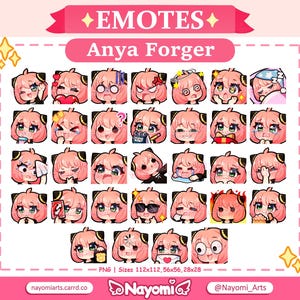 Puede incluir: Un conjunto de 36 emoticonos digitales con un personaje de anime de pelo rosa con diferentes expresiones. Los emoticonos est&aacute;n en formato de cuadr&iacute;cula y est&aacute;n etiquetados como "Emotes Anya Forger".