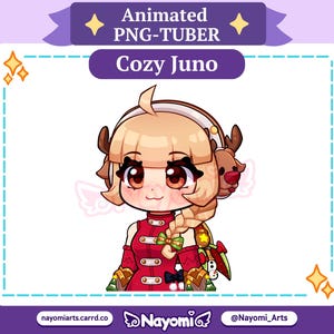 Puede incluir: Un personaje animado PNG-TUBER llamado Cozy Juno. El personaje tiene cabello rubio, cuernos marrones y usa un vestido rojo con un lazo verde. La imagen incluye el texto "Animated PNG-TUBER" y "Cozy Juno". La imagen también incluye la dirección del sitio web nayomiarts.carrd.co.