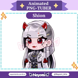 Puede incluir: Un personaje PNG-Tuber animado llamado Shion con cabello blanco, ojos rojos y cuernos rojos. El personaje viste un atuendo futurista blanco y gris oscuro con detalles mecánicos. El gráfico incluye el texto Animated PNG-Tuber, Shion y Nayomi.