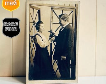 Old Antique Real Photo Postcard of Couple Courting. 5.5 x 3.5