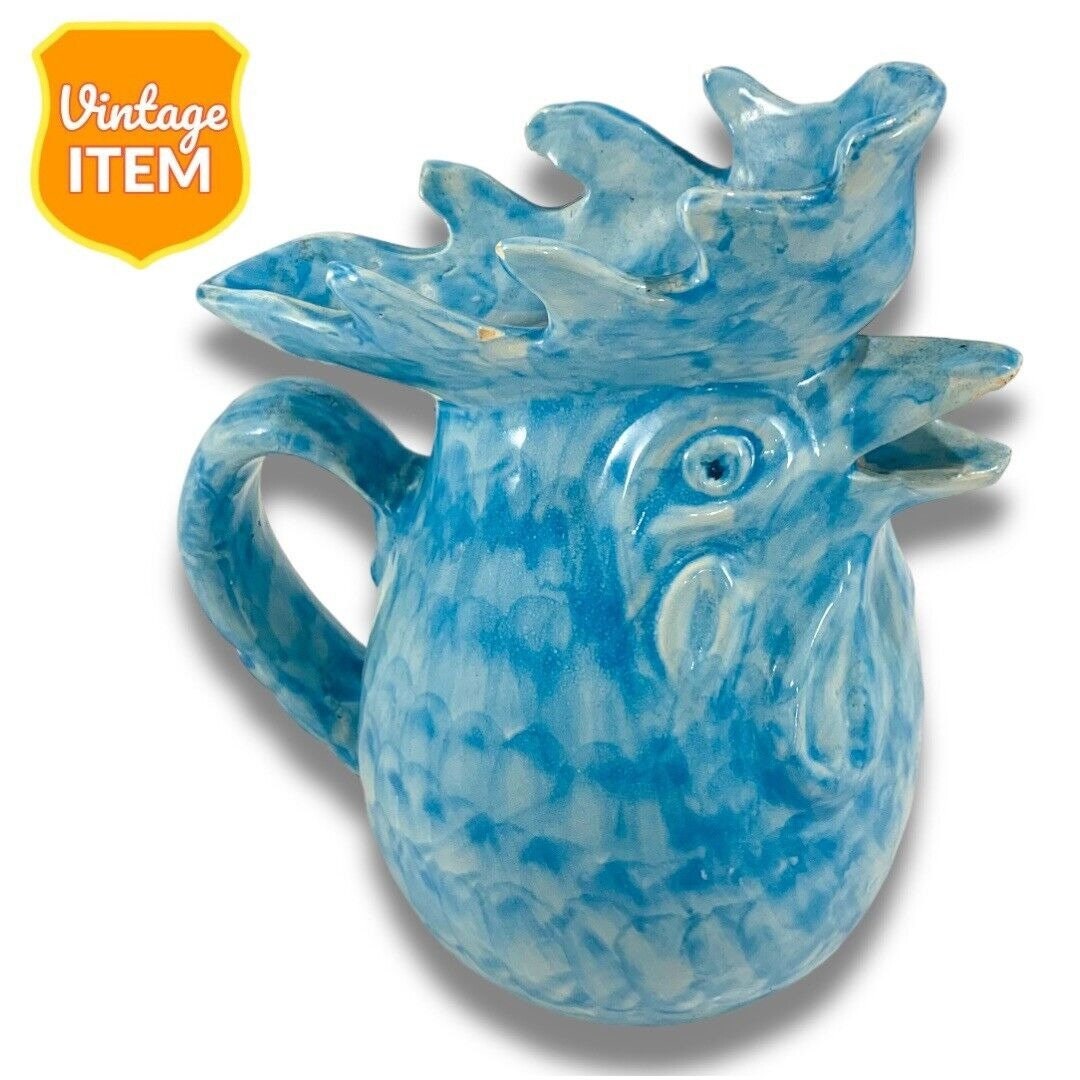 Vintage Hand Painted Italian Rooster European Pitcher. Rare Sky Blue Version.