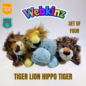 Peluches Webkinz Ganz antiguos y raros. Lote de 4: Tigre, León e Hipopótamo. SIN CÓDIGOS.