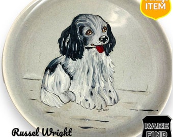 Piatto vintage dipinto a mano Russel Wright di Steubenville. Cavaliere Bianco Nero.