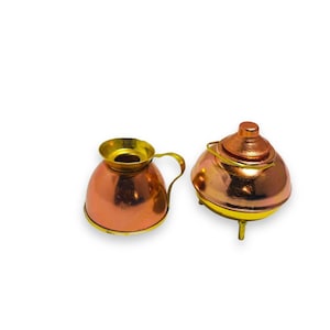 2 Vintage Copper & Brass Miniature Cauldron Pots and Kettle.