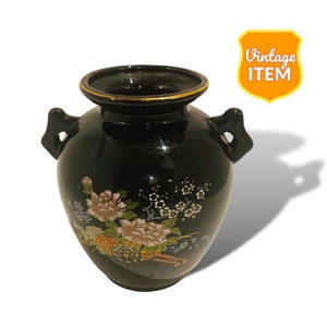 Vintage japanische Schwarz Gold Rim Blumenwagen Vase 5,5 Zoll.