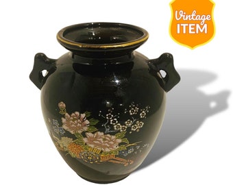 Vintage Japanese Black Gold Rim Flower Cart Vase 5.5 Inch.