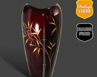 Vintage Enamel Porcelain 8 Inch Burgandy Flower Vase Copper Bamboo Leaf Inlay.