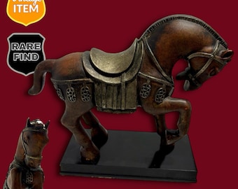 Chinese Tang-Style Brown Resin Ceremonial Stance Warrior Horse Figurine w/Stand.