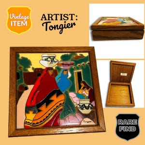 May include: A wooden box with a tile top featuring a colorful painting of Native American women carrying water jugs. The tile is signed "Tongier" in the bottom right corner. The box is labeled "Vintage Item" and "Rare Find".