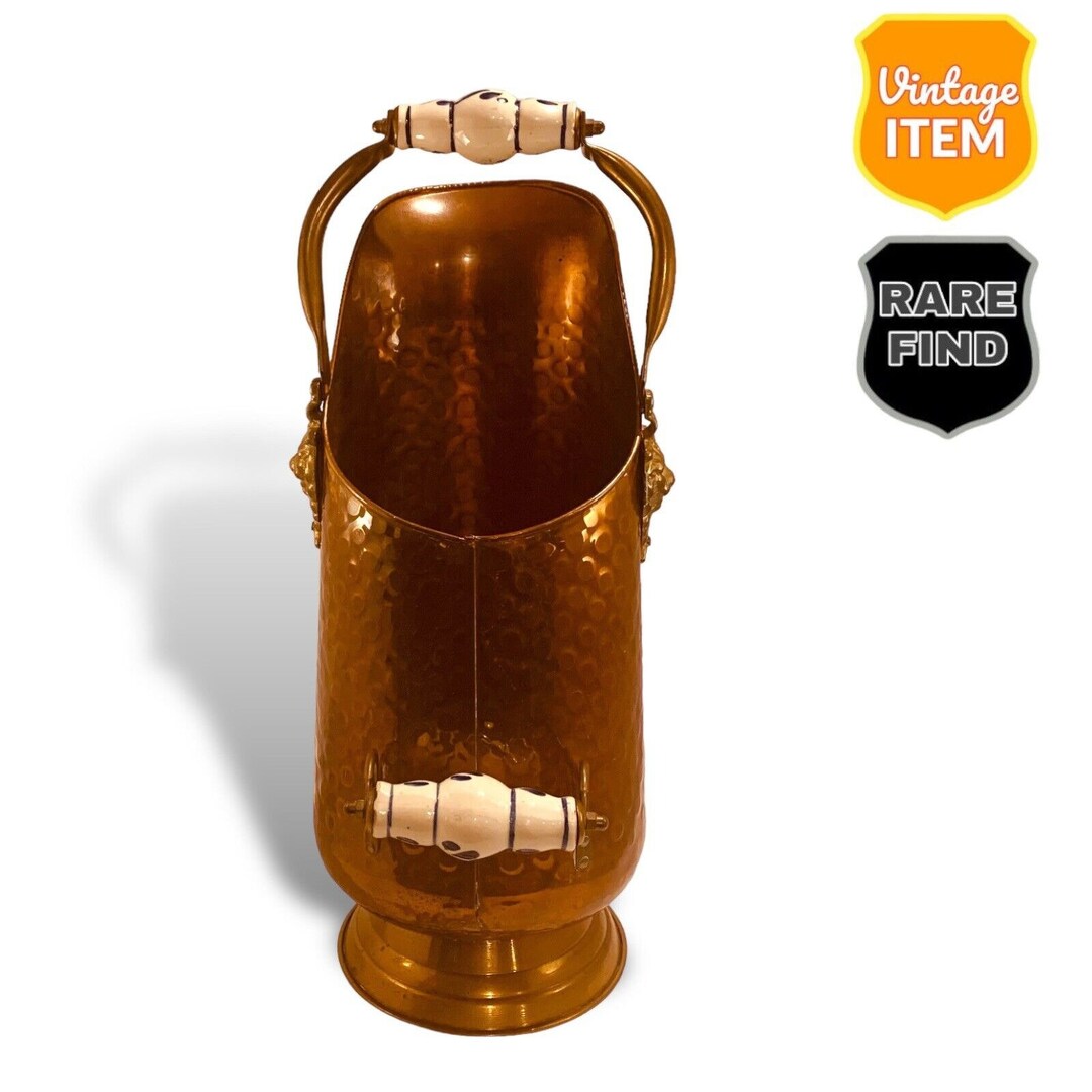 Vintage Copper Brass Coal Ash Scuttle Bucket With Porcelain Etsy