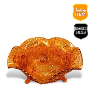 Marigold Lustre Rose Carnival Glass Iridescent Footed Vintage Bowl. RARE!