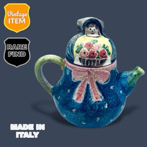 Vintage Italian Peasant Woman Hand Painted Pottery Teapot. Made in Italy.